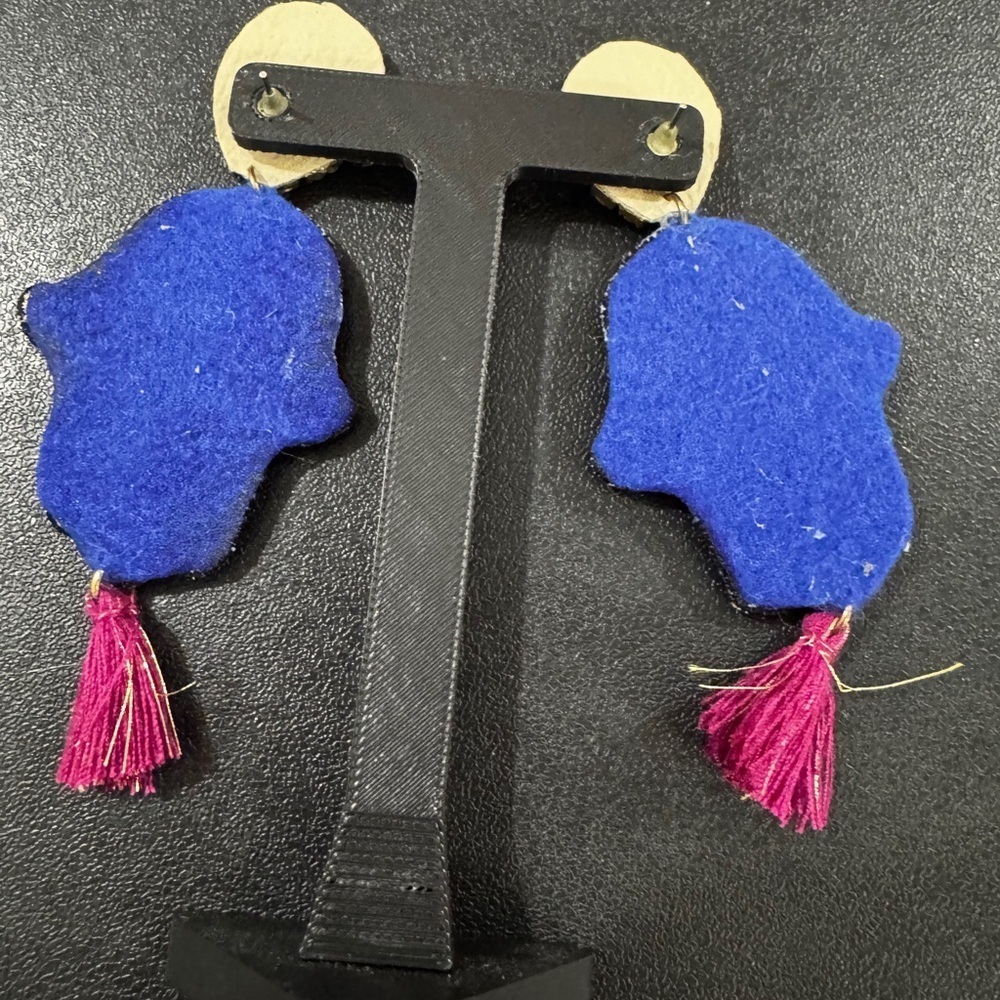 Handmade Hamsa Evil Eye Earrings Embroidered Blue Gold Crystal Tassel Dangles - Picture 5 of 5